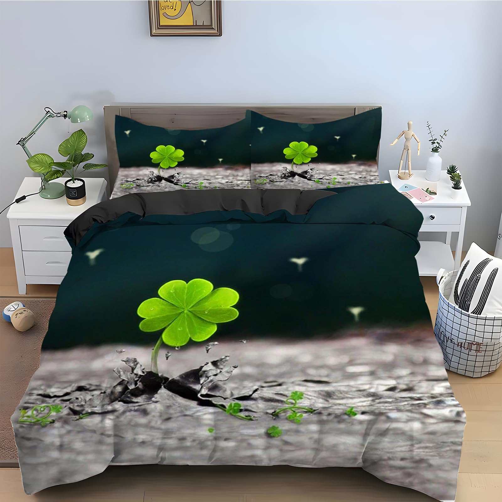 Amazon｜緑の四つ葉のクローバー 布団カバー 植物 寝具3点セット